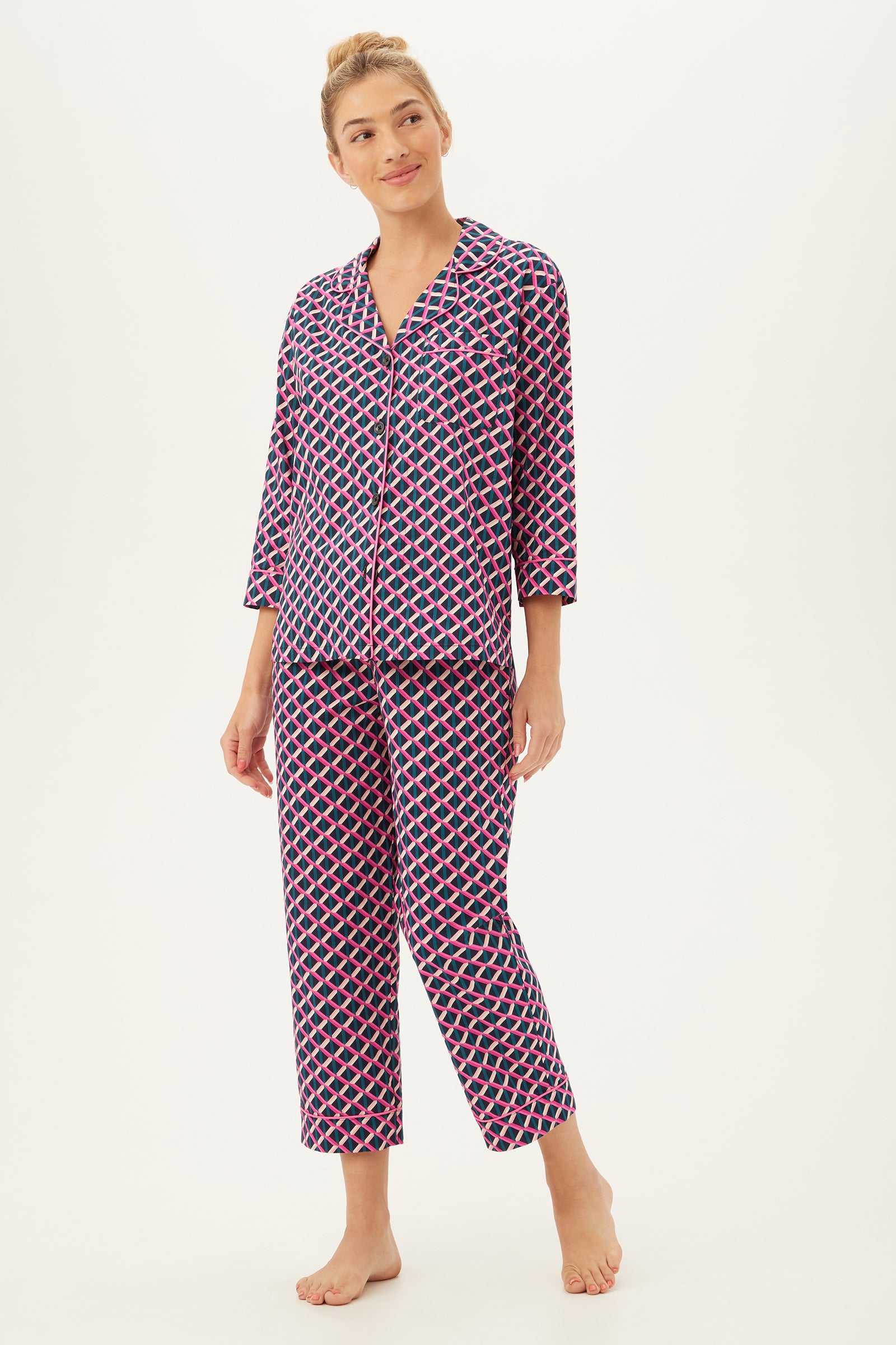 LATTICE GEO WOMEN'S 3/4-SLEEVE CROPPED PANT POPLIN PJ SET