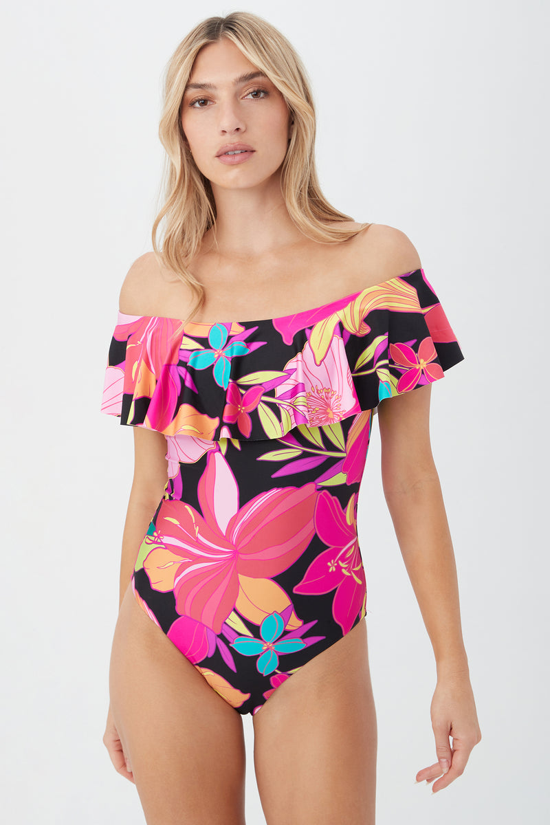 WOMEN'S SOLAR FLORAL OFF THE SHOULDER RUFFLE ONE PIECE SWIMSUIT in MULTI