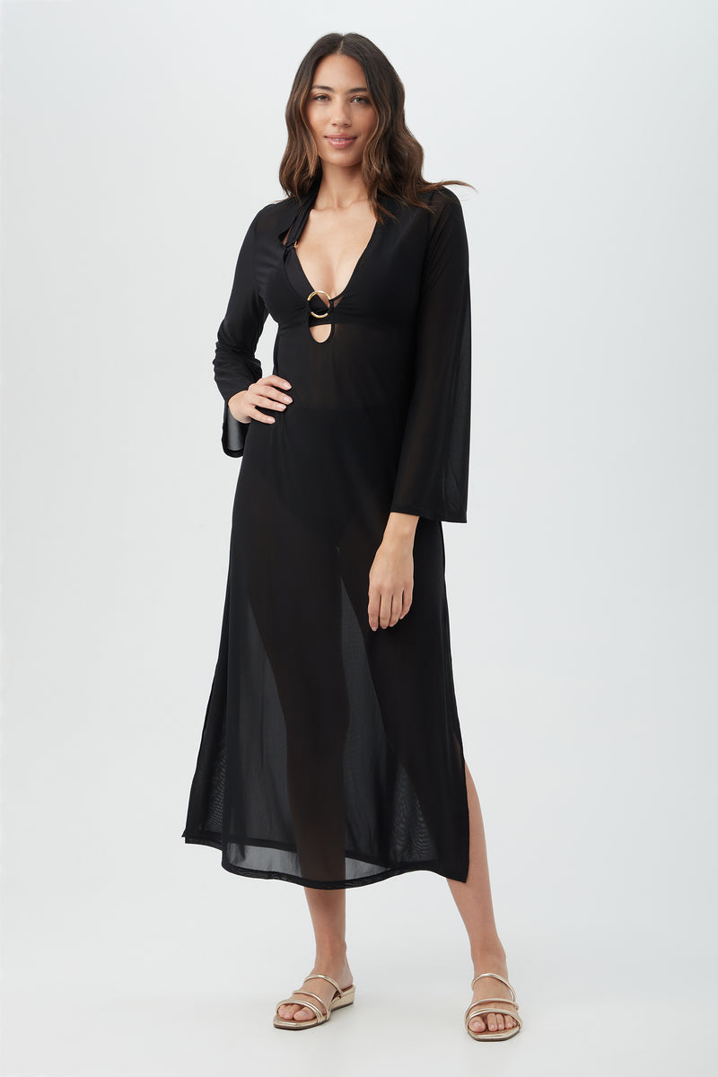 WOMEN'S ELAIRE LONG SLEEVE V-NECK MESH MAXI DRESS SWIM COVER-UP in BLACK