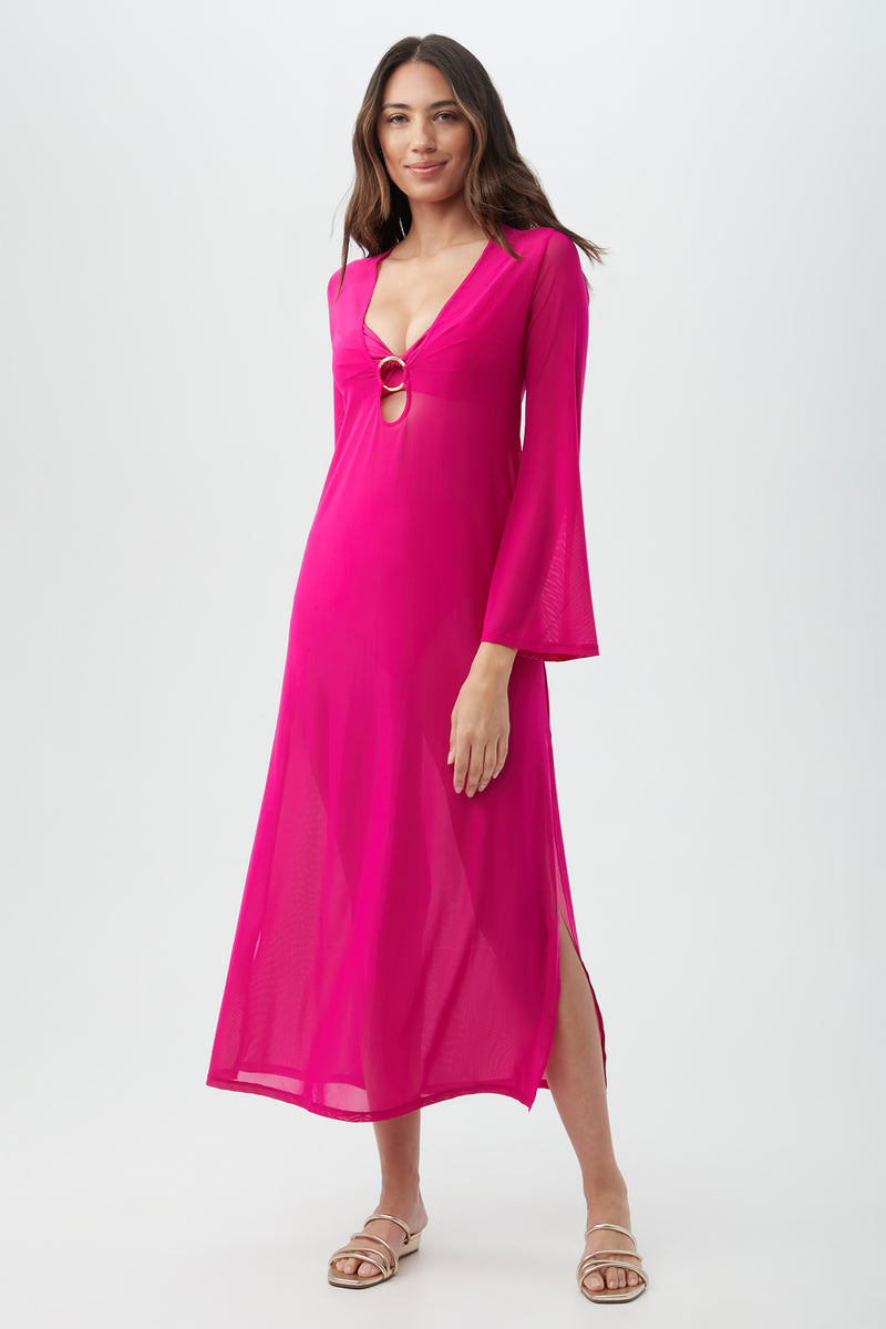 WOMEN'S ELAIRE LONG SLEEVE V-NECK MESH MAXI DRESS SWIM COVER-UP in SANGRIA additional image 4