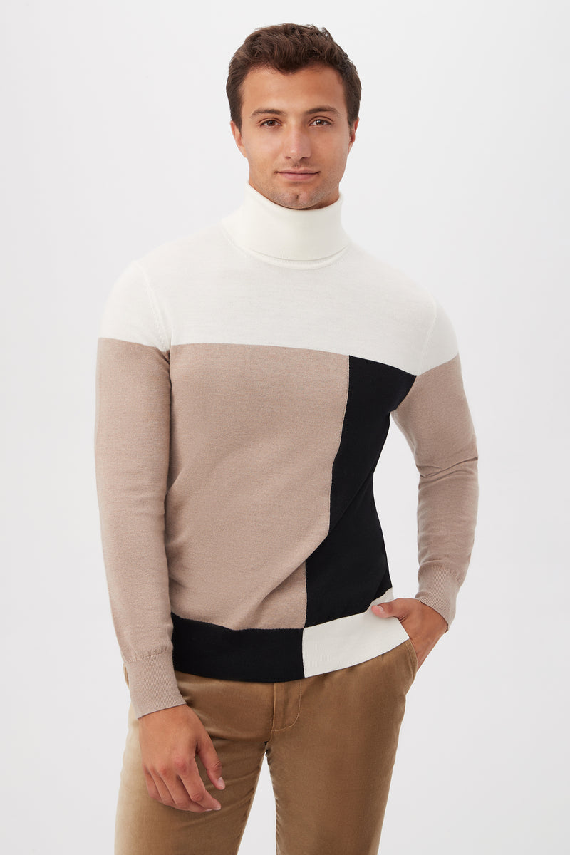 CALLISTO MERINO WOOL COLOR BLOCK TURTLENECK SWEATER