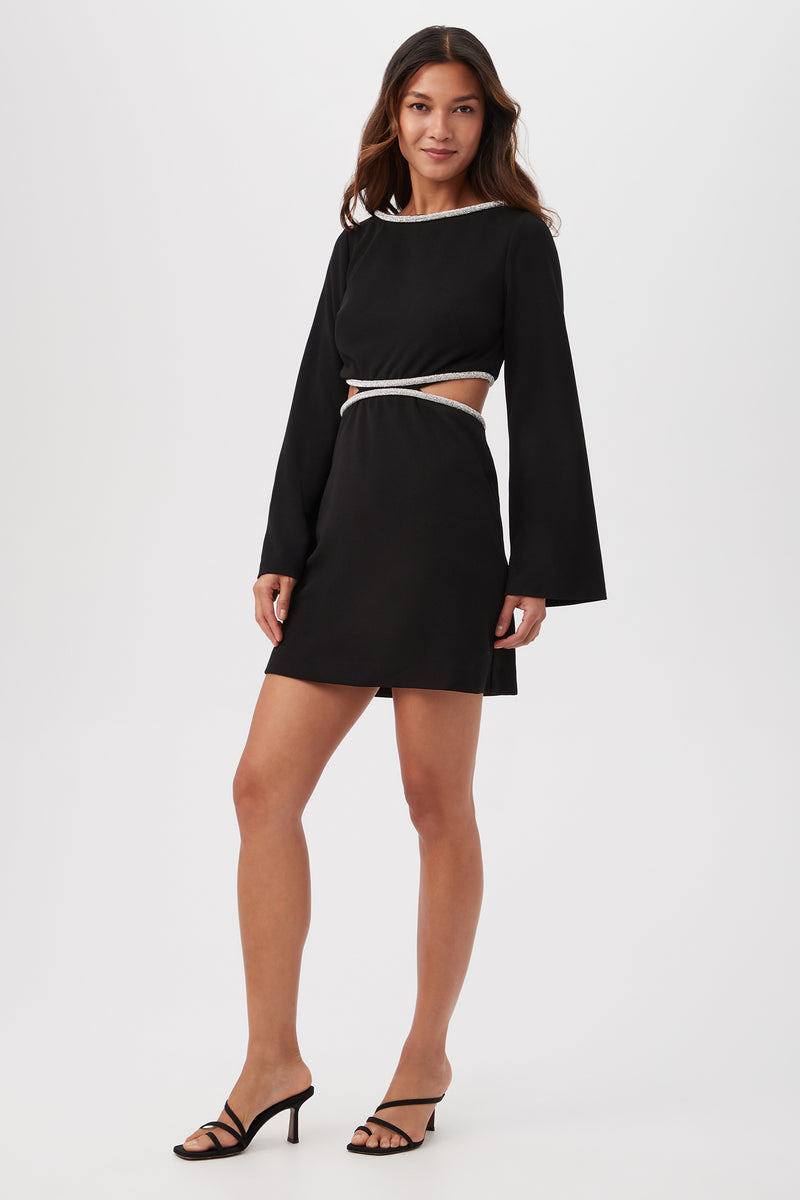 SABIA LONG-SLEEVE CREPE KNIT DRESS WITH RHINESTONE TRIM AND WAIST CUTOUTS