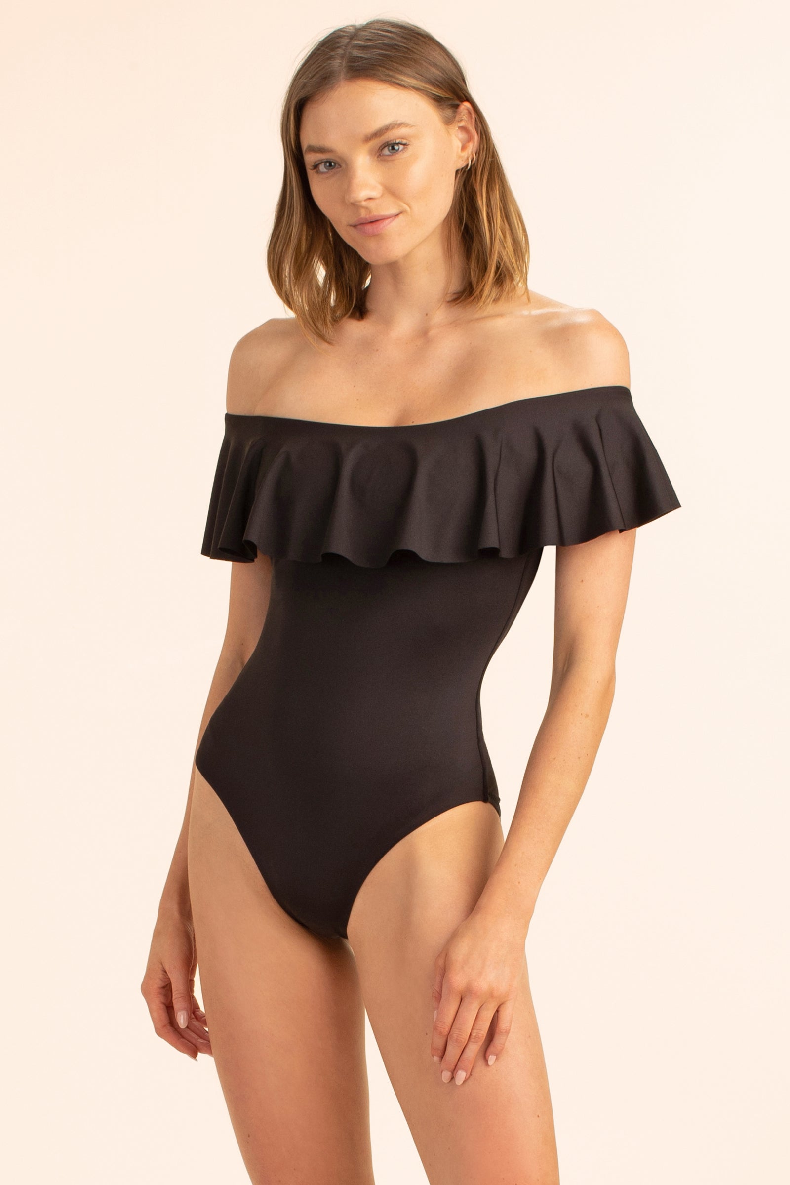 MONACO SOLIDS OFF THE SHOULDER RUFFLE ONE PIECE SWIMSUIT – Trina Turk
