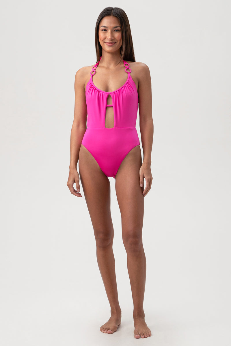 WOMEN'S MONACO SCOOP NECK CUTOUT HALTER ONE PIECE SWIMSUIT in ROSE PINK additional image 3