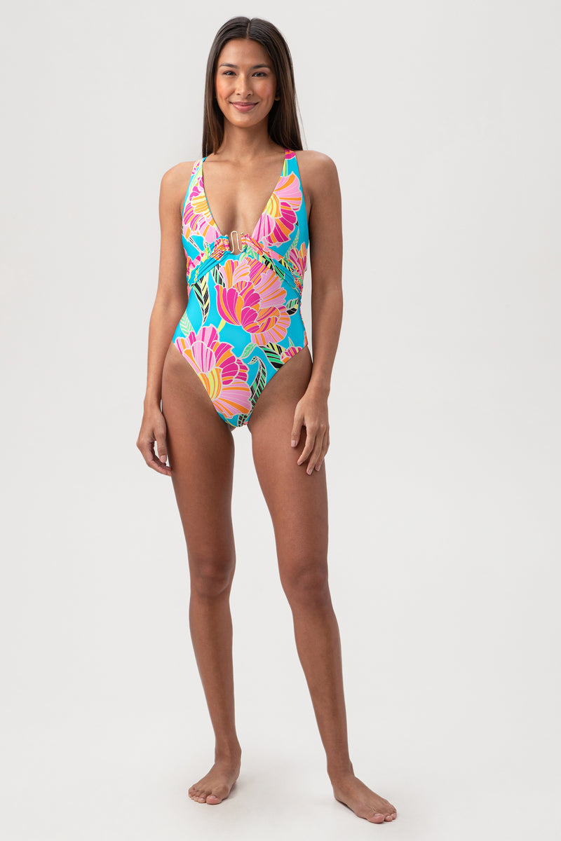 WOMEN'S POPPY BELTED PLUNGE ONE PIECE SWIMSUIT in MULTI additional image 3