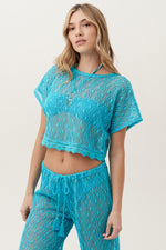 WOMEN'S WHIM SHEER CROCHET SHORT SLEEVE SWIM COVER-UP CROP TOP in ATMOSPHERE additional image 1