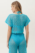 WOMEN'S WHIM SHEER CROCHET SHORT SLEEVE SWIM COVER-UP CROP TOP in ATMOSPHERE additional image 3