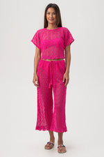 WOMEN'S WHIM SHEER CROCHET SHORT SLEEVE SWIM COVER-UP CROP TOP in ROSE PINK additional image 9