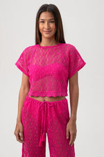 WOMEN'S WHIM SHEER CROCHET SHORT SLEEVE SWIM COVER-UP CROP TOP in ROSE PINK additional image 6