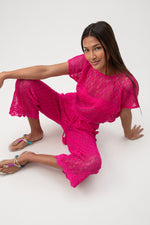 WOMEN'S WHIM SHEER CROCHET SHORT SLEEVE SWIM COVER-UP CROP TOP in ROSE PINK additional image 10