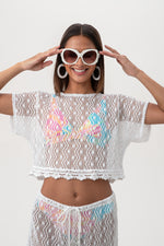 WOMEN'S WHIM SHEER CROCHET SHORT SLEEVE SWIM COVER-UP CROP TOP in WHITE additional image 11