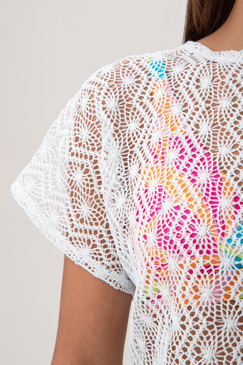 WOMEN'S WHIM SHEER CROCHET SHORT SLEEVE SWIM COVER-UP CROP TOP in WHITE additional image 15