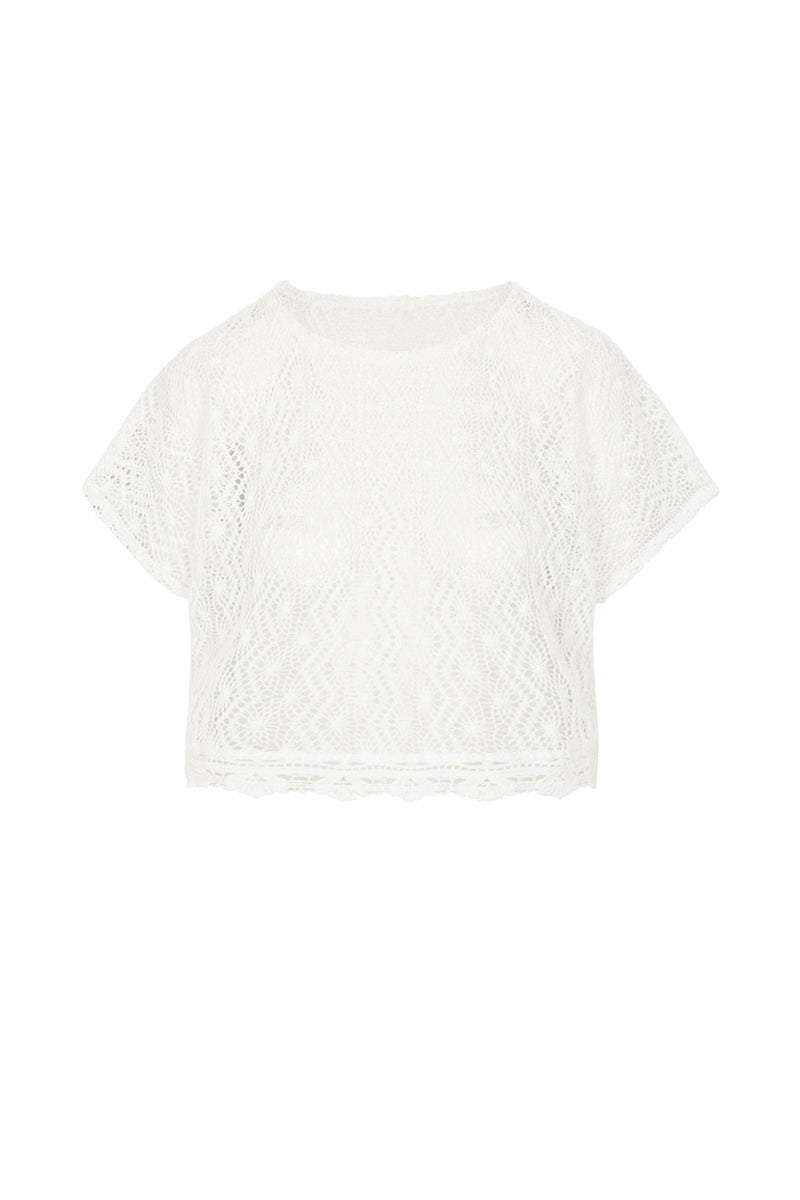 WOMEN'S WHIM SHEER CROCHET SHORT SLEEVE SWIM COVER-UP CROP TOP in WHITE additional image 12