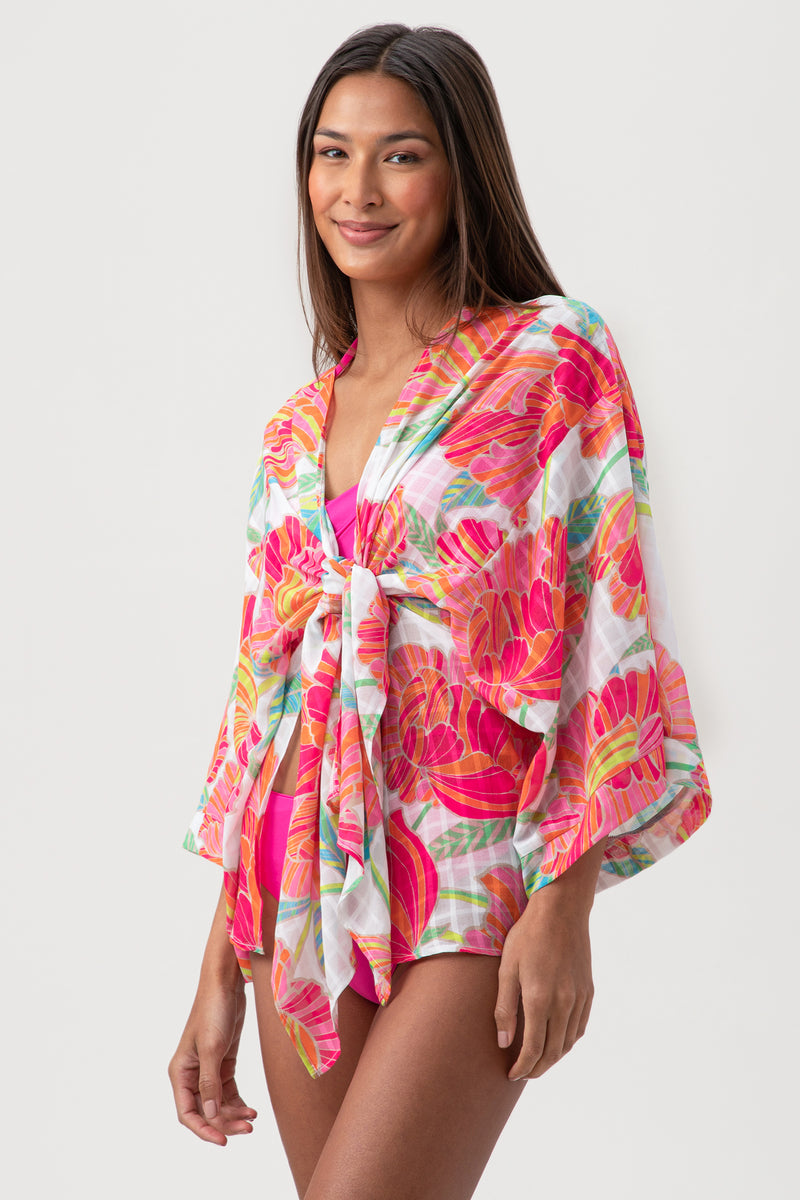 WOMEN'S POPPY TIE FRONT SWIM COVER-UP SHIRT in WHITE MULTI additional image 5