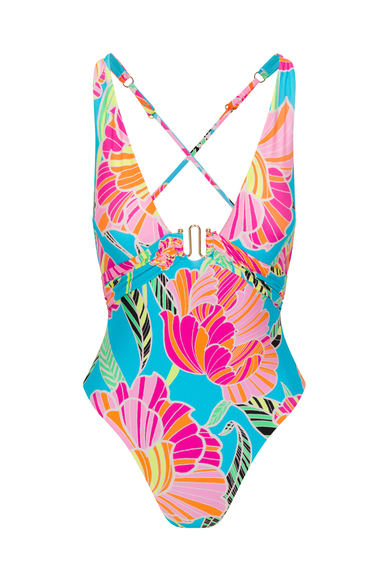 WOMEN'S POPPY BELTED PLUNGE ONE PIECE SWIMSUIT in MULTI additional image 1